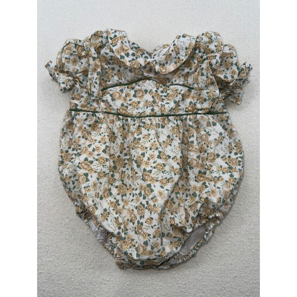 La Coqueta 3M Vtg 90s Yellow Floral Rose Bubble Romper Peter Pan Flutter Sleeve